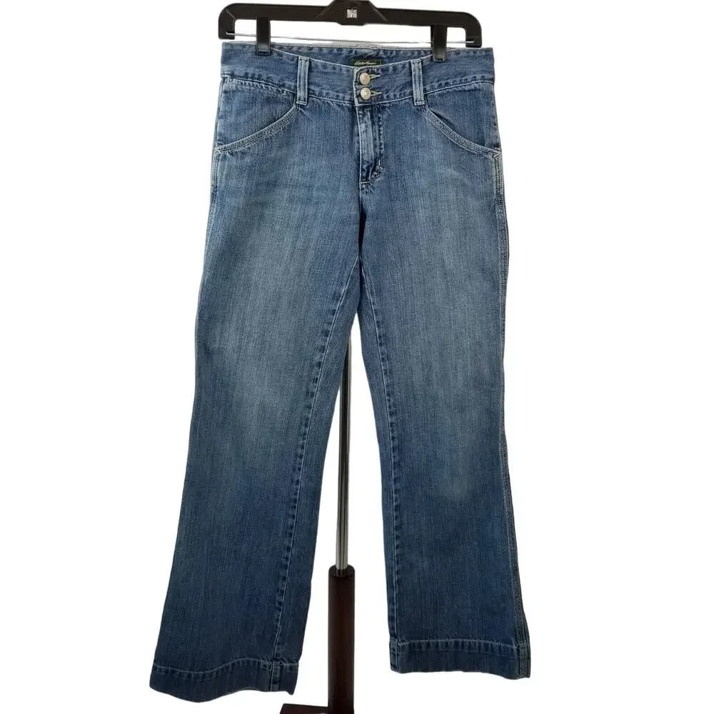 Eddie Bauer Blue Denim Jeans Bootcut Flare Button Loops Vintage Nice Size 2 R